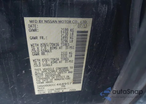 2012 Nissan Frontier S z USA, uszkodzony, nr VIN 1N6AD0ER2CC468957